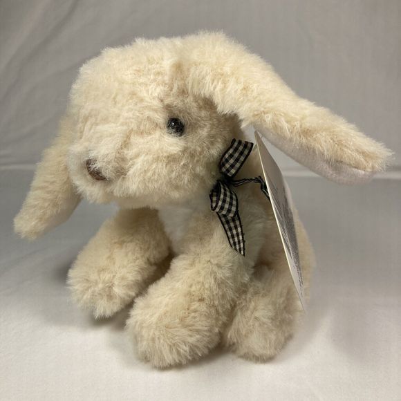 6" Cream Colored Baby Bunny Black and Cream Check Bow Stuffed Animal - Picture 8 of 12